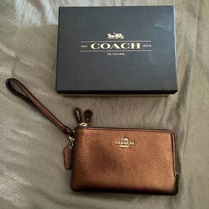 Coach Metallic Bronze Copper Wristlet Wallet 2 Zip Small Bag